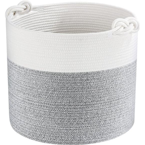15 x 14.2 Inches Woven Cotton Rope Storage Basket, Stuffed Toy Basket Bin, L